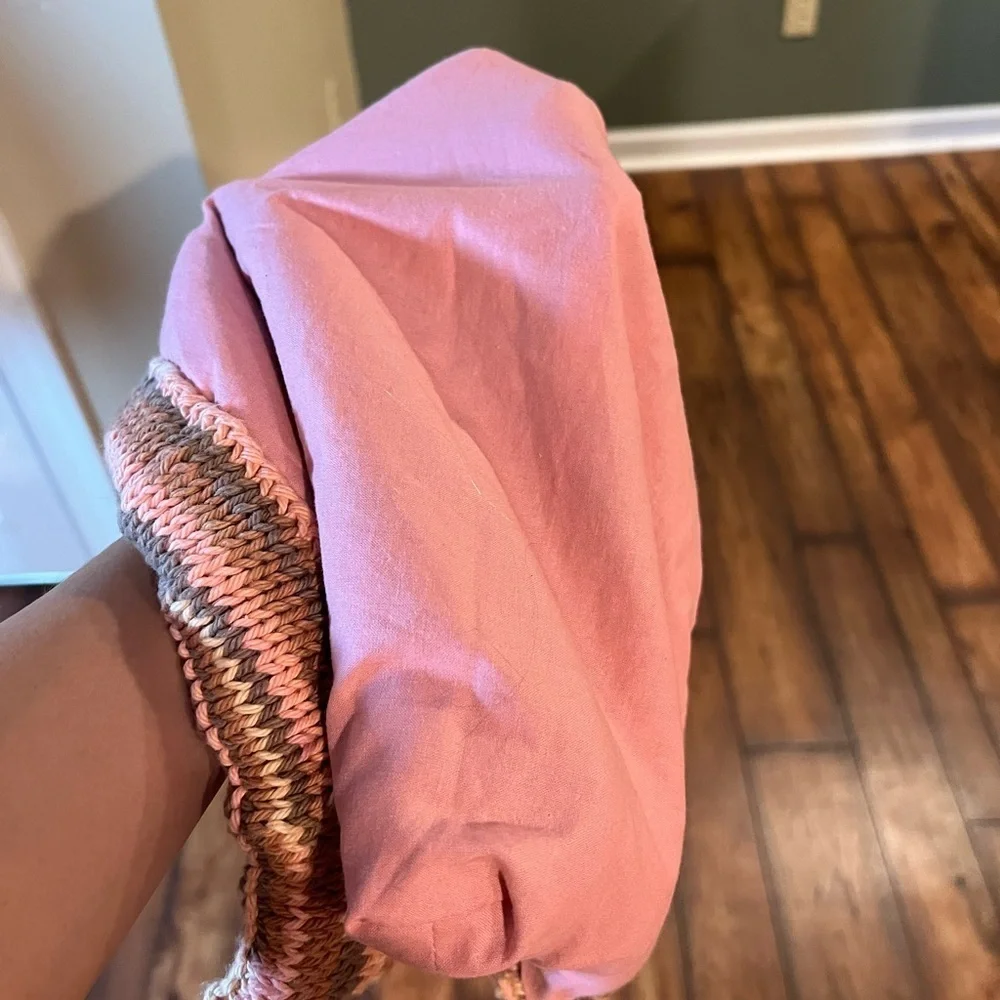 Womens Knit Pink Shoulder Purse Gold Chunky Straps Boho Chic